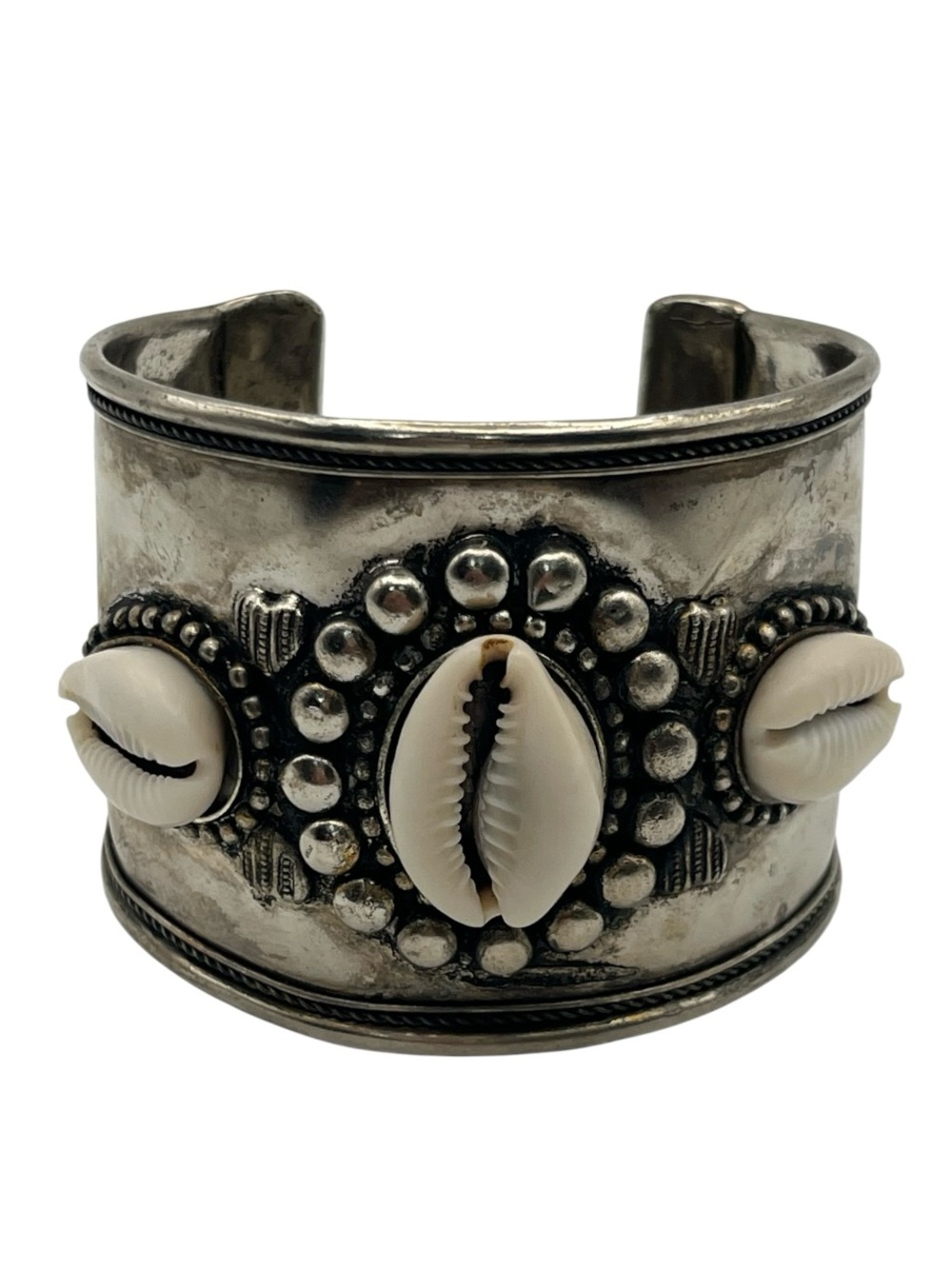 Cowrie Shell boho silver tone wide cuff bracelet ornate design vintage